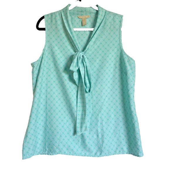Banana Republic Womens Bow Blouse Sleeveless‎ Tie Neck Sz L Aqua Mint Geometric - Picture 1 of 7